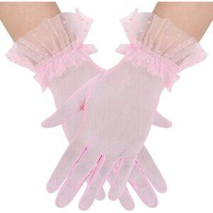 Women's Short Lace Dark Pink Sheer Mesh Tea Party Prom Gloves Banquet Costume